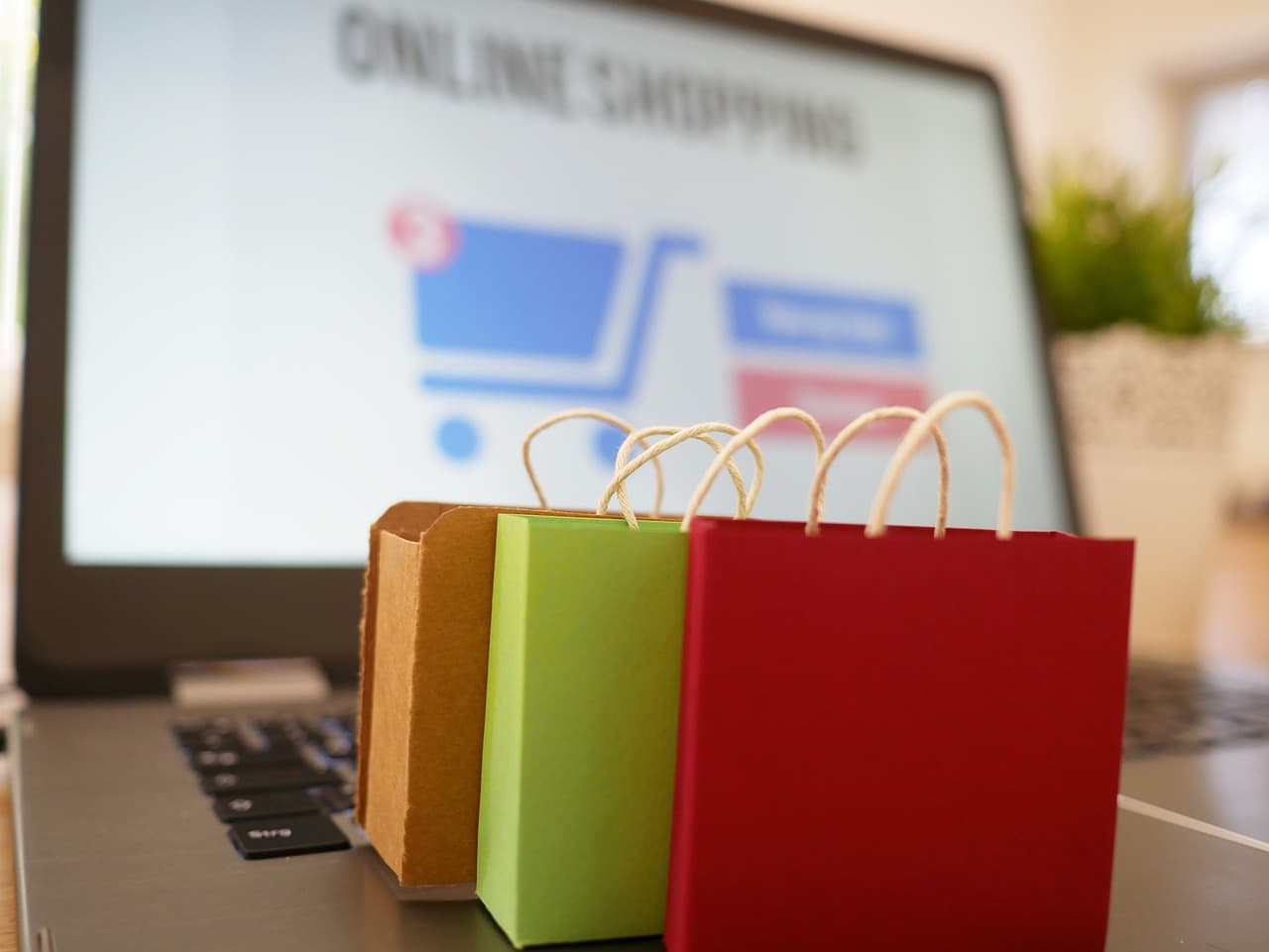 Einkaufstaschen vor einem Laptop als Symbolbild für Onlinebestellungen